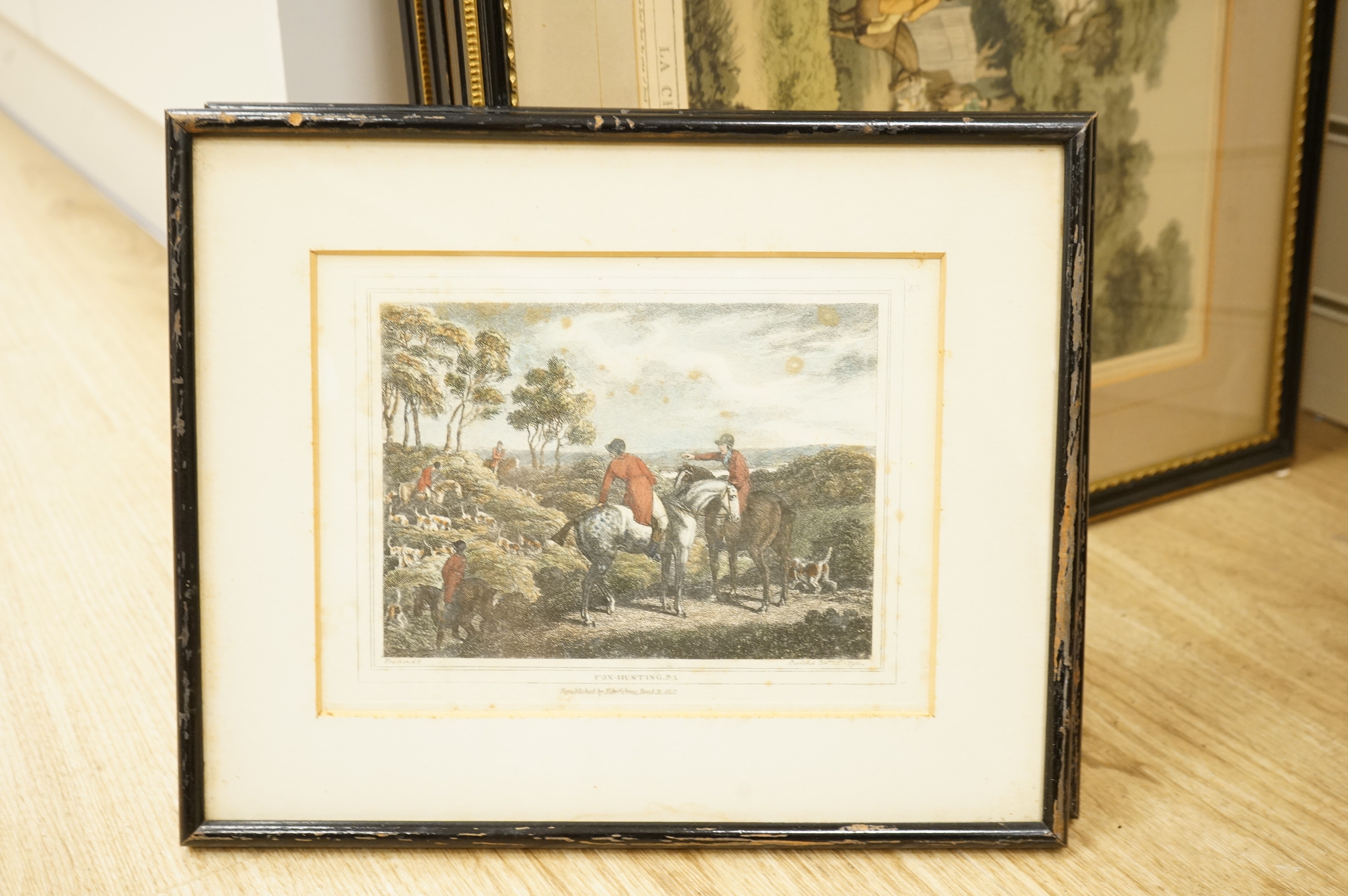 After Samuel Howitt (1756-1822), Fox hunting scenes, set of four colour prints, together with a set of five smaller examples after the same artist, largest 32 x 44cm